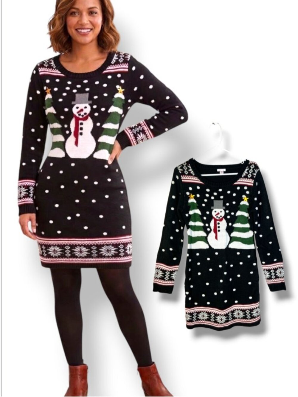 Ugly Christmas Sweater Dress Stretch BodyCon Snowman Gold Star Black Knit Medium